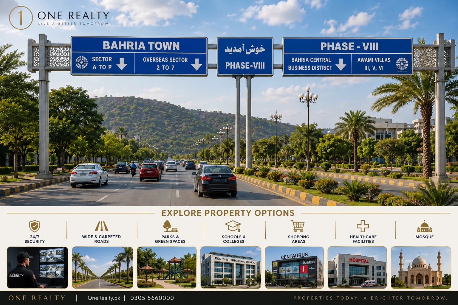 Bahria Town Phase 8 area illustration — not a photograph of the listed house. Promotional artwork adapted with One Realty branding.